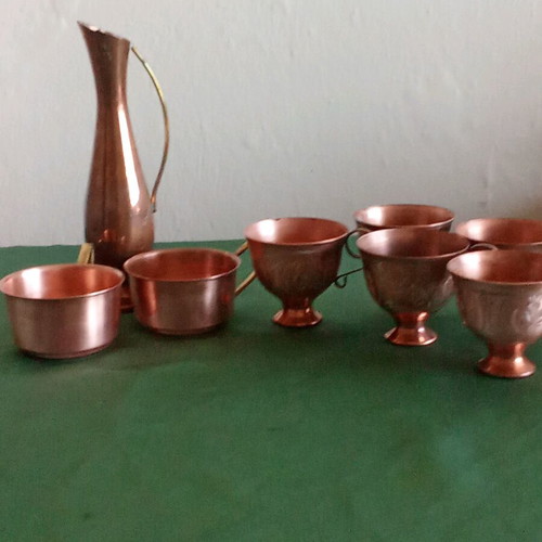 Copper coffee cups and jug set with two rakia cups like new