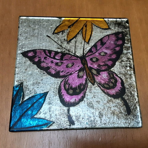 Glass coasters used, set of 4, butterfly and flower designs