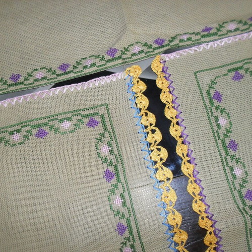 Set of 3 handmade embroidered table linens like new, olive color