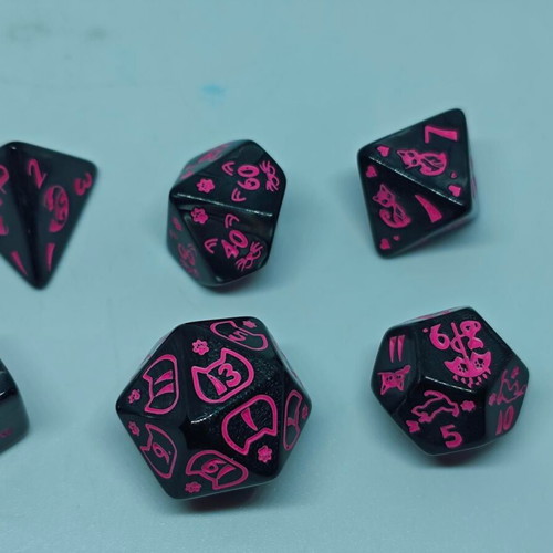 RPG Cat Lovers dice set like new, black and neon pink