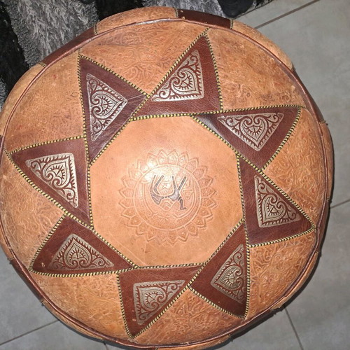Leather pouf used, height 45 cm, diameter 50 cm, handmade Tunisia