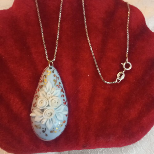 Cameo 925 necklace vintage porcelain with carving and silver chain 40cm like new
