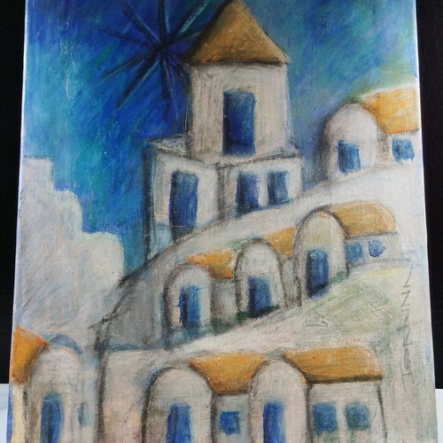 Painting new, handmade canvas depicting Santorini architecture