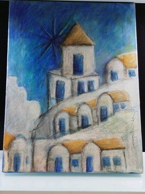 Painting new, handmade canvas depicting Santorini architecture