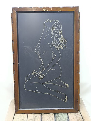 Vintage embroidered textile painting used, female figure with gold thread