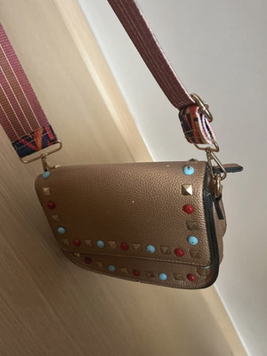 Crossbody bag like new with colorful studs and strap, brown-gold