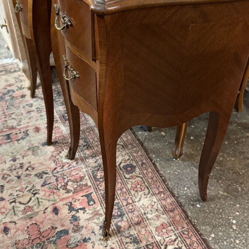 Marquetry bedside tables like new, 35x40 cm, height 66 cm with glass