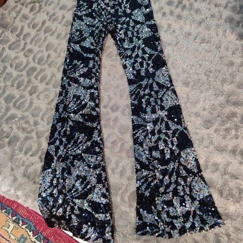 Bershka sequin flared pants, black and silver, size M