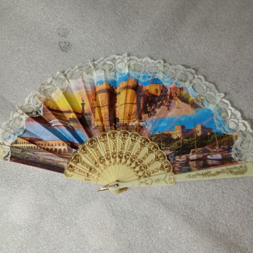 Vintage commemorative fan Rhodes with gold details and lace used