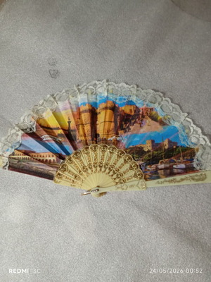 Vintage commemorative fan Rhodes with gold details and lace used