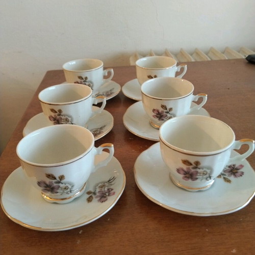 Porcelain cups used, set of 6 vintage with flowers and gold details