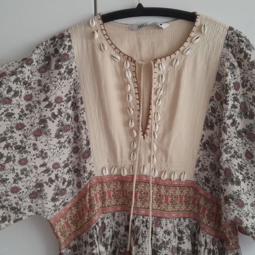 Zara summer cotton kaftan dress with decorative shells and tassels like new, size S