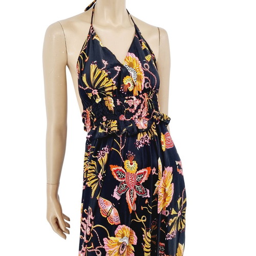 Long dress 100% viscose black with pink flowers new