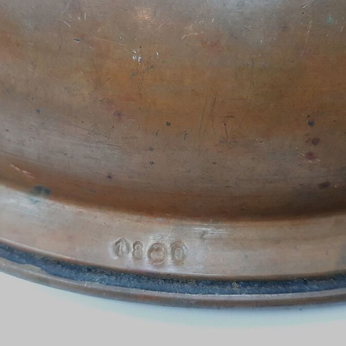 Vintage copper colander with brass ring handle, used, 30.5 cm