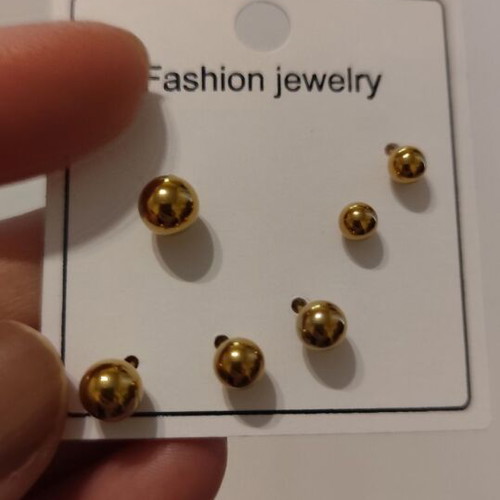 Gold stud earrings set of three pairs, stainless steel, new