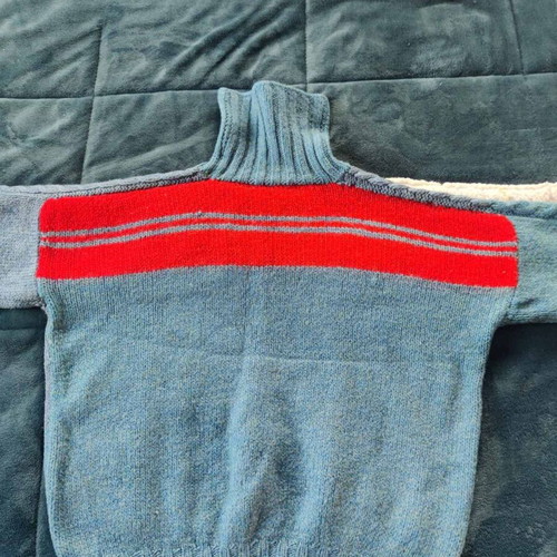 Grey-blue knitted turtleneck with red stripes like new, vintage style