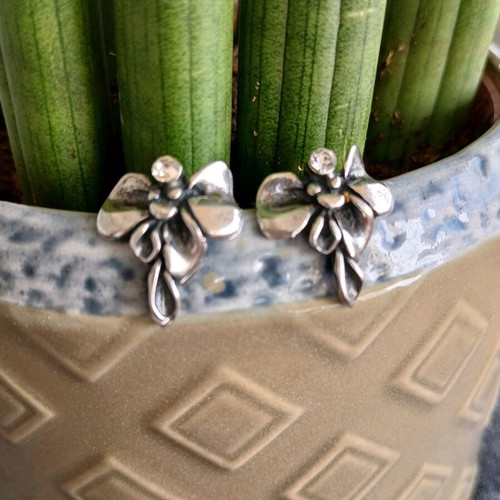 925 Silver Earrings with Zircon Bow and Leaf Design