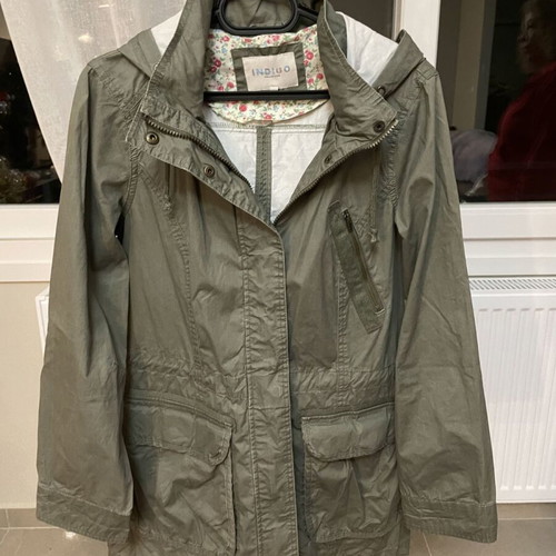 Indigo 3/4 jacket like new with buttons and hood, size L