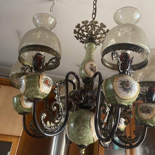 Vintage 6-Light Brass Chandelier with Handmade Porcelain, Like New