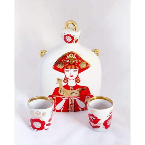 Vintage porcelain Lomonosov USSR folk art decanter set like new