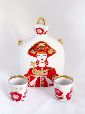 Vintage porcelain Lomonosov USSR folk art decanter set like new