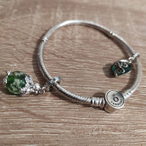 Pandora 925 silver bracelet with 2 charms, green heart and glowing dog