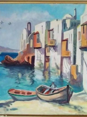 Ελαιογραφία Δ. Μπούκη Μύκονος 1978 σε άριστη κατάσταση με κορνίζα
