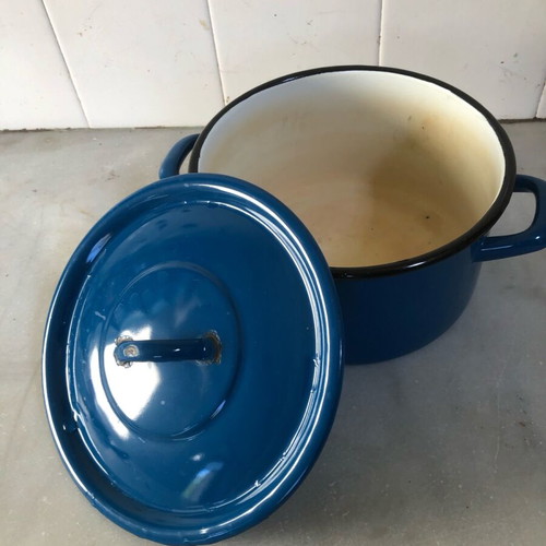 Enamel cookware set used, teapot and pot