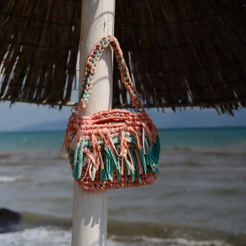 Handmade crocheted shoulder bag with fringes, multicolor turquoise