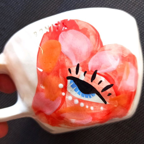Handmade ceramic mug set Lunatique with hearts and Rice saucer