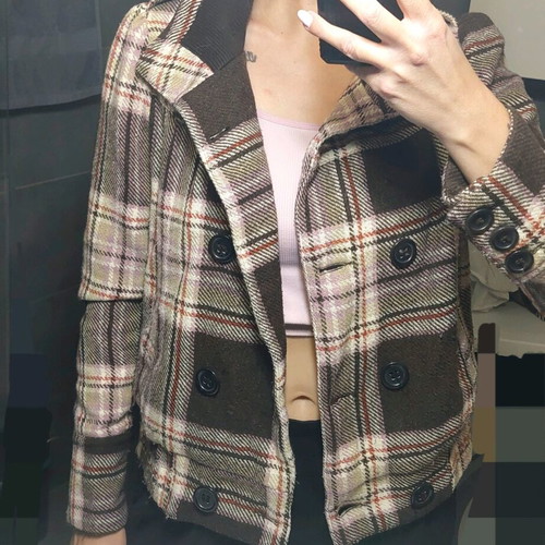 Checked brown coat like new, size large