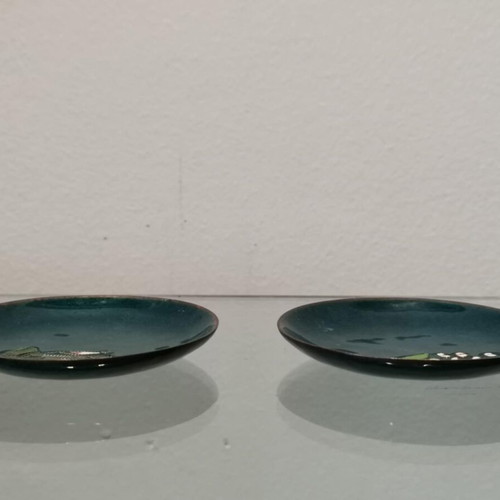Cloisonné type plates set used, two pieces, brass with enamel