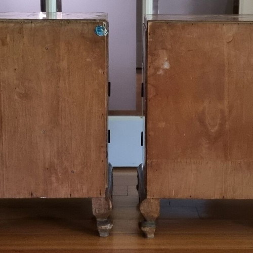 Vintage Art Deco nightstands used, walnut veneer, set of two