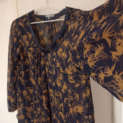 Ipekyol Sheer Chiffon Shirt L Navy Blue with Gold Floral Pattern Like New