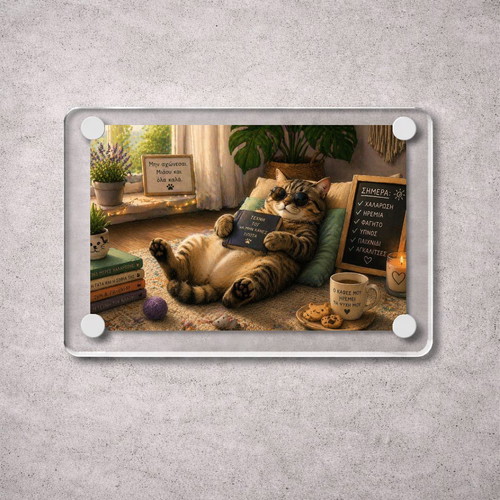 Acrylic fridge magnet "Μην αγχώνεσαι" Relax Cat Mood new