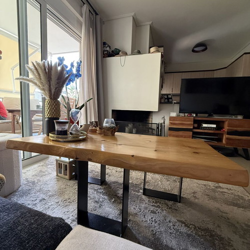 Solid pine wood dining table and coffee table set with metal legs