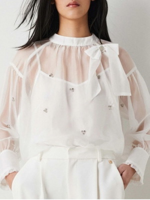 Bsb Sheer White Blouse Large with Rhinestones and Bow, New