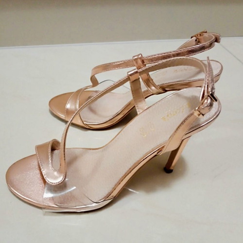 Adam's Shoes strappy heeled sandals pink rose gold vegan leather like new