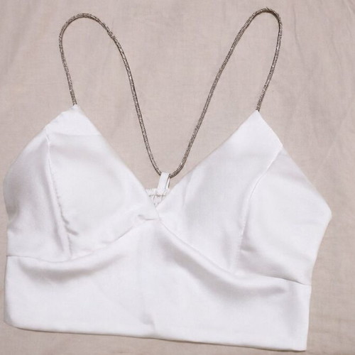 Satin crop top with rhinestone straps like new, white, size S