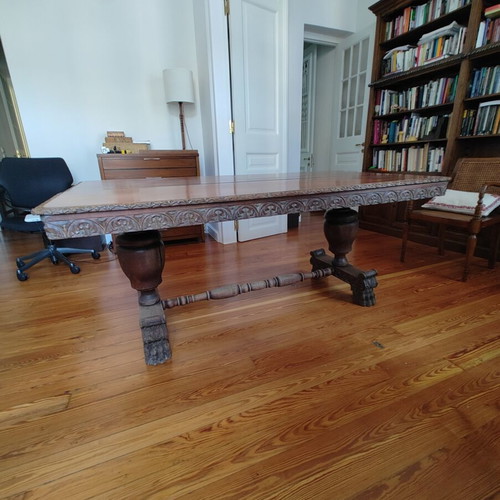 Solid Large Wooden Dining Table with Two Chairs used