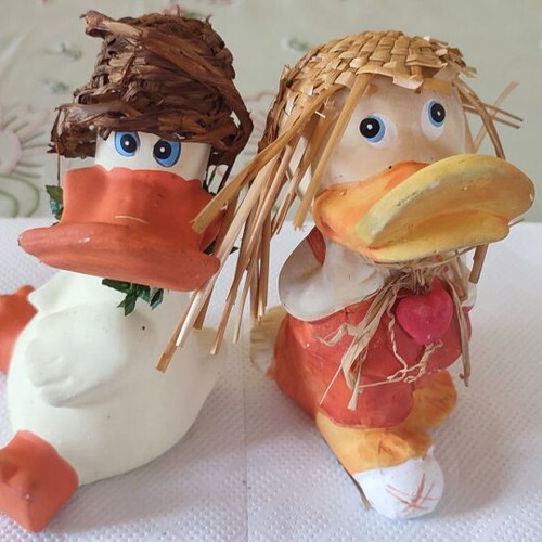 Vintage handmade decorative clay duck set, 15cm