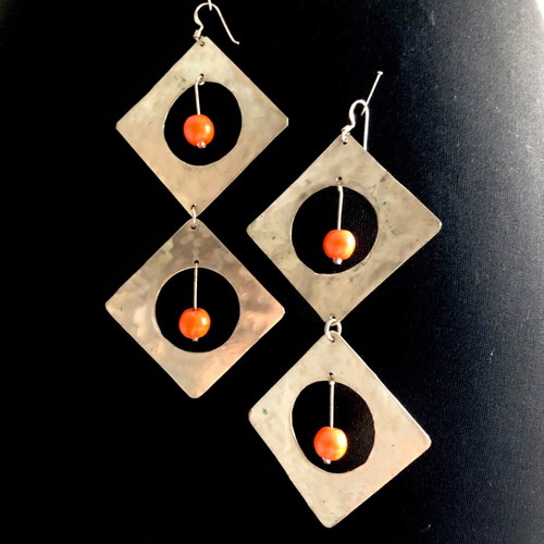 Silver earrings like new with orange stones, vintage 70s look
