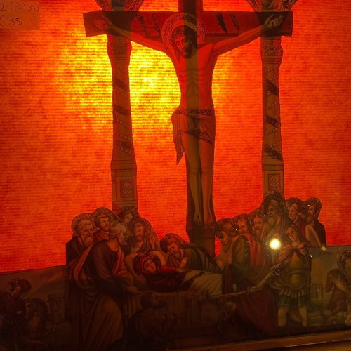 Old handmade religious image used with resurrection and last supper