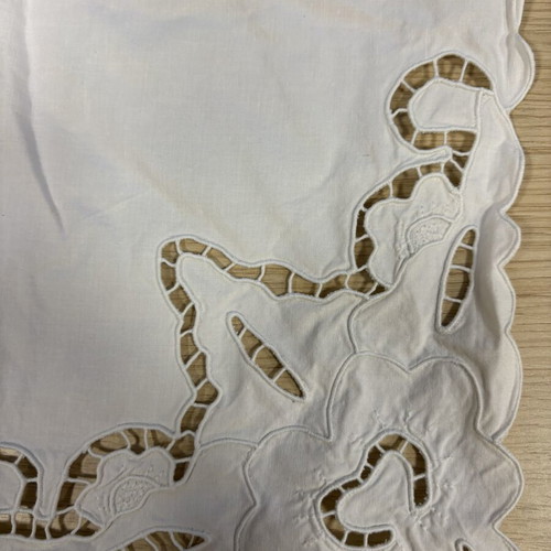 Embroidered tablecloth with cutwork used, 33x33 cm