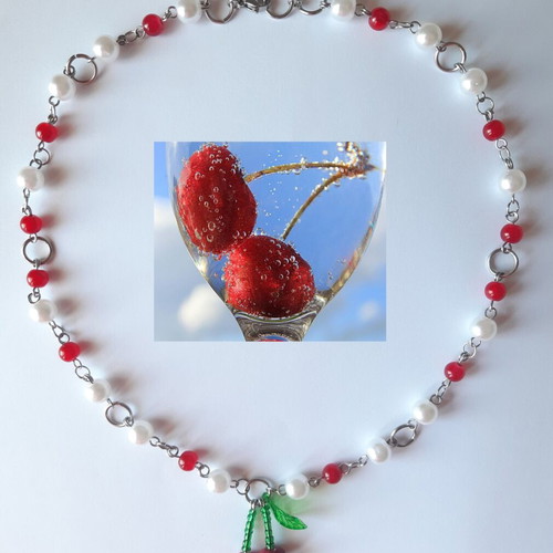 Cherry handmade necklace new, multicolored with silver chain