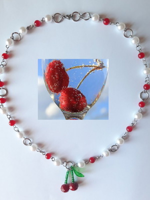 Cherry handmade necklace new, multicolored with silver chain