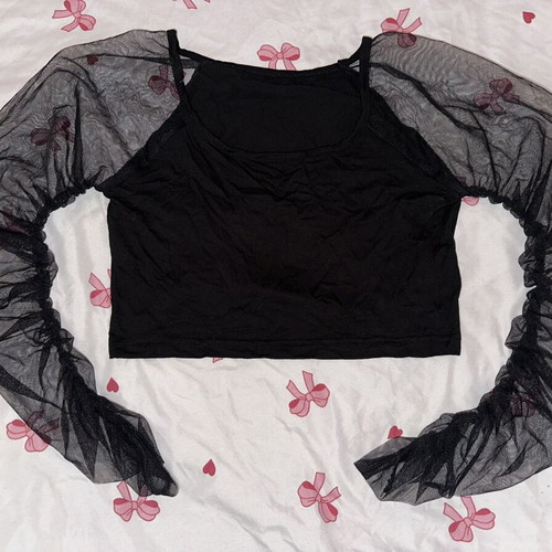 Shein black crop top with long semi-transparent tulle sleeves like new, size L