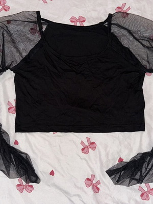 Shein black crop top with long semi-transparent tulle sleeves like new, size L