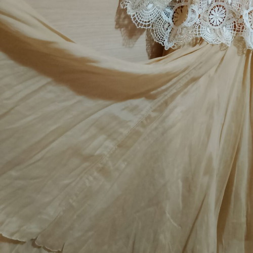 Mitropoulos dress like new, beige with crochet lace and pearls