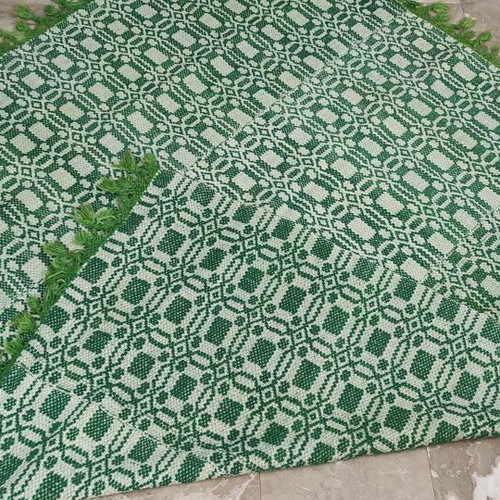 Handwoven Blanket with Traditional Green and Cream Pattern, Like New